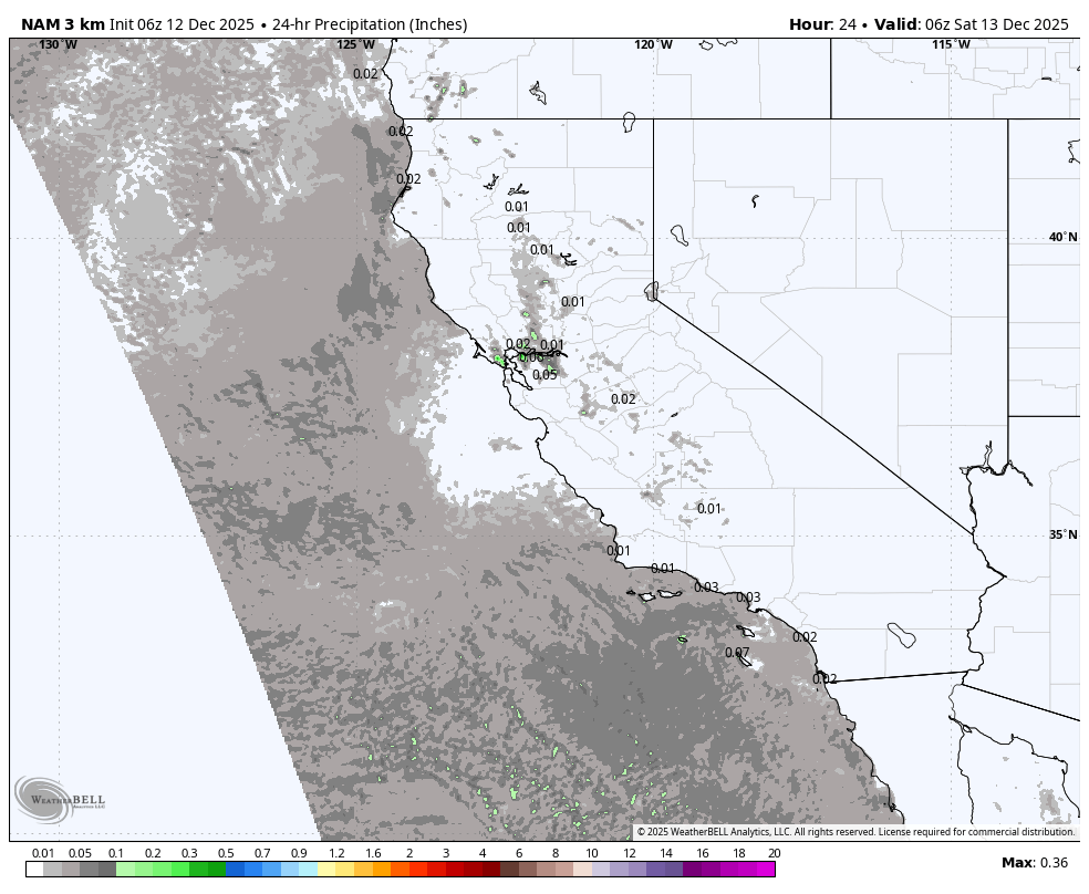 A weather radar map showing 24-hour precipitation levels in inches across parts of Western United States, including California and surrounding states, with varying shades of gray and small patches of green indicating different precipitation amounts.