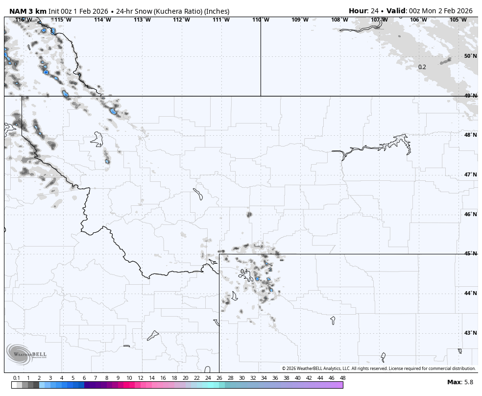 Map showing 24-hour snowfall in inches across parts of Montana, North Dakota, and surrounding areas, with areas of light snow and some localized heavier snow.