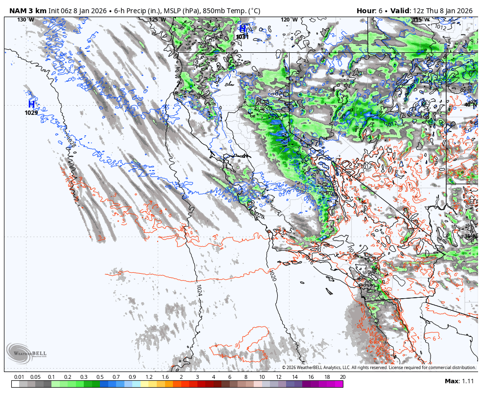 Weather forecast map showing precipitation, mean sea level pressure, and 850mb temperature across California and surrounding states. Green indicates areas of rain, gray signifies cloud cover, and red lines depict pressure contours for Thursday, January 8, 2026, at 12 PM UTC.