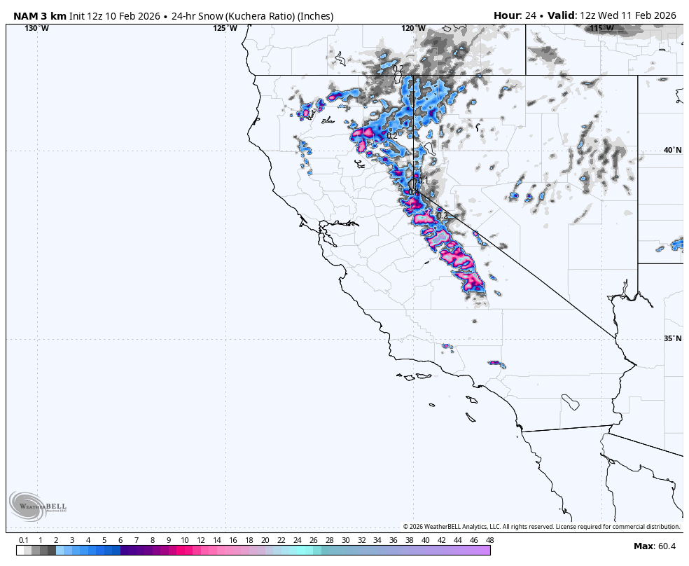 Map showing a significant line of snow in California and Nevada, with lighter snow in surrounding areas, indicating a weather system with snow activity centered in the Sierra Nevada region.