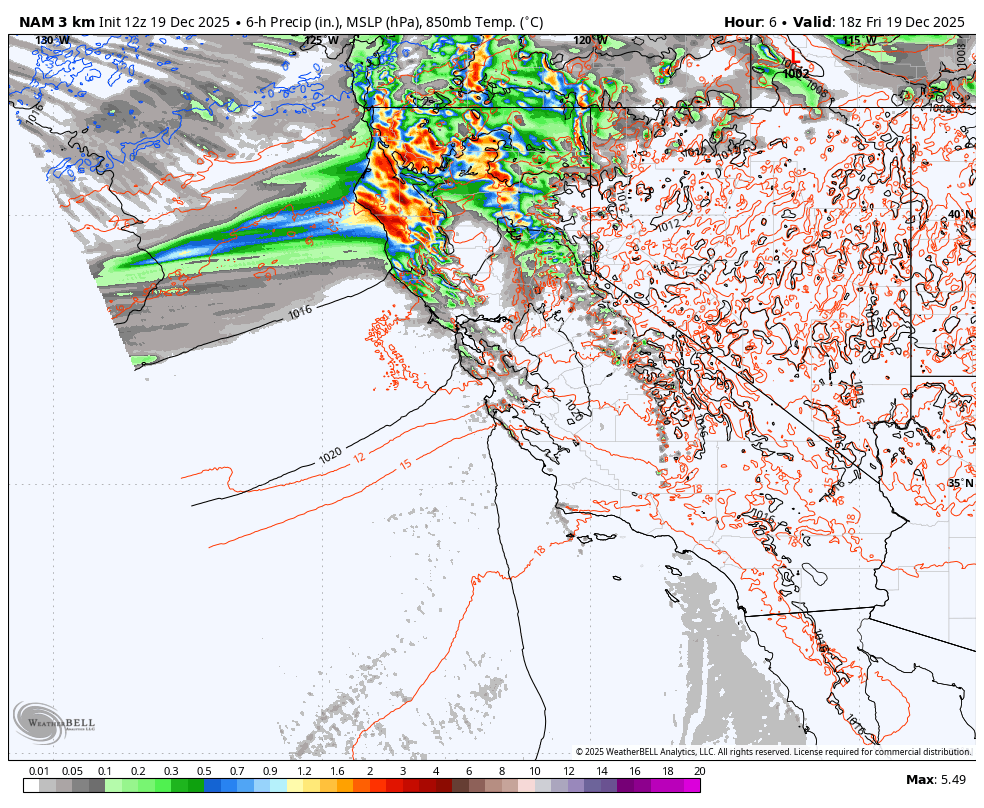 Weather map showing a weather system affecting California, Nevada, Utah, Colorado, and surrounding areas, with precipitation indicated by colors from green to red, and isobars and temperature lines across the region.