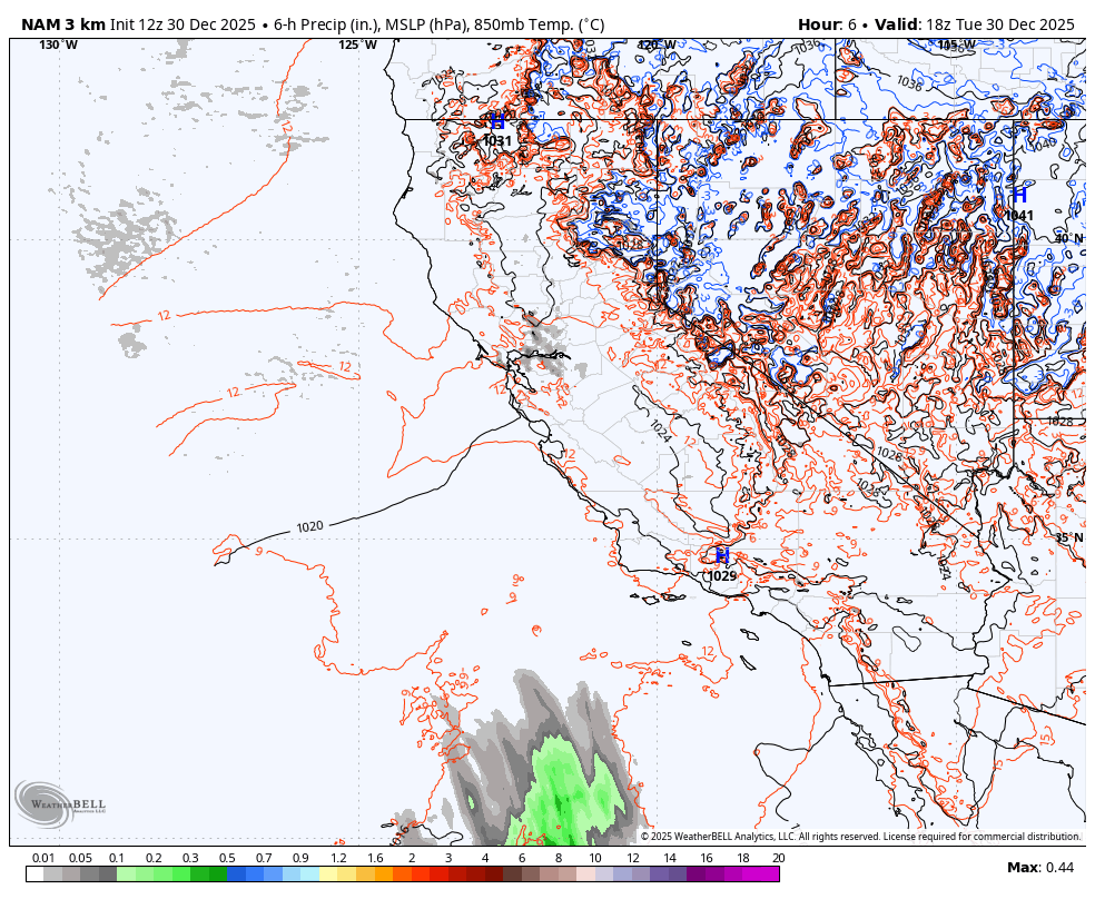 Weather map showing 6-hour precipitation, mean sea level pressure, and temperature forecast for the southeastern United States, including parts of Mexico and the Gulf of Mexico, valid at 18 UTC on December 30, 2025