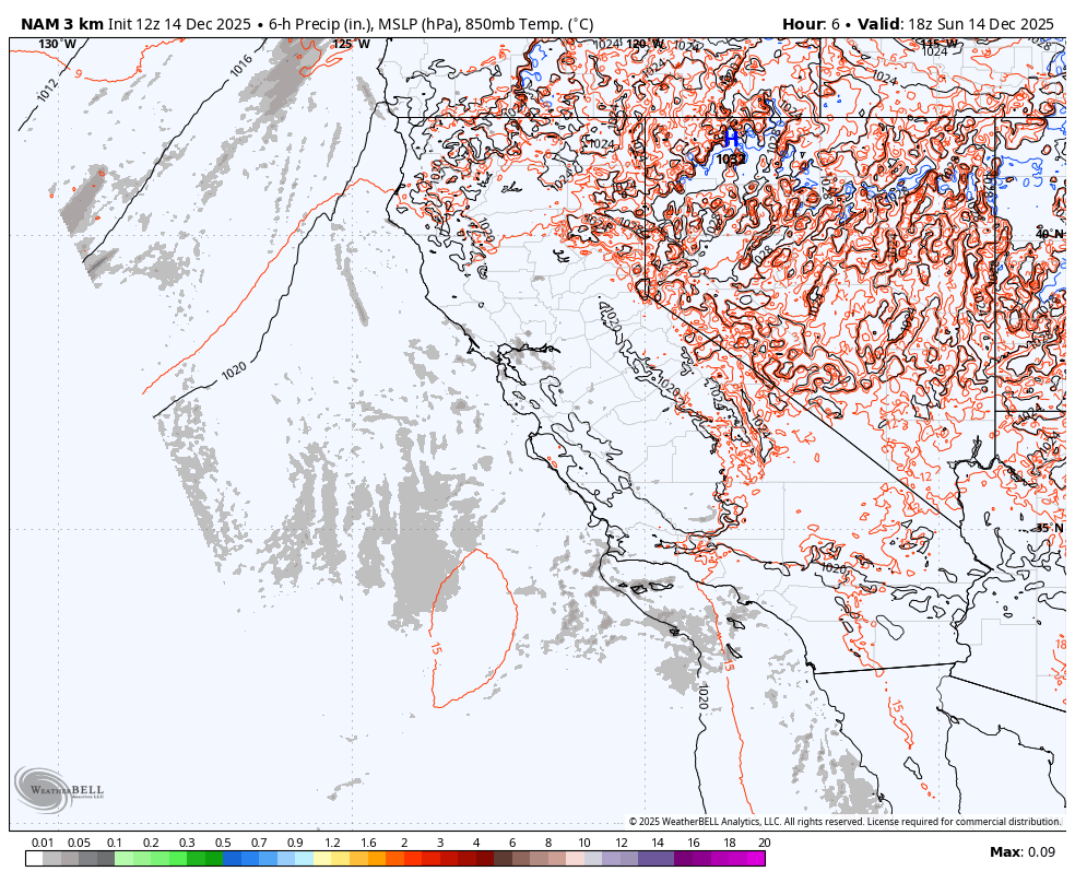 Weather map showing precipitation, mean sea level pressure, and temperature across parts of the United States and Mexico. Highlights include areas of light precipitation in green, with more intense rainfall indicated by orange and red lines. The map also depicts weather fronts, pressure systems, and temperature contours at 850mb.