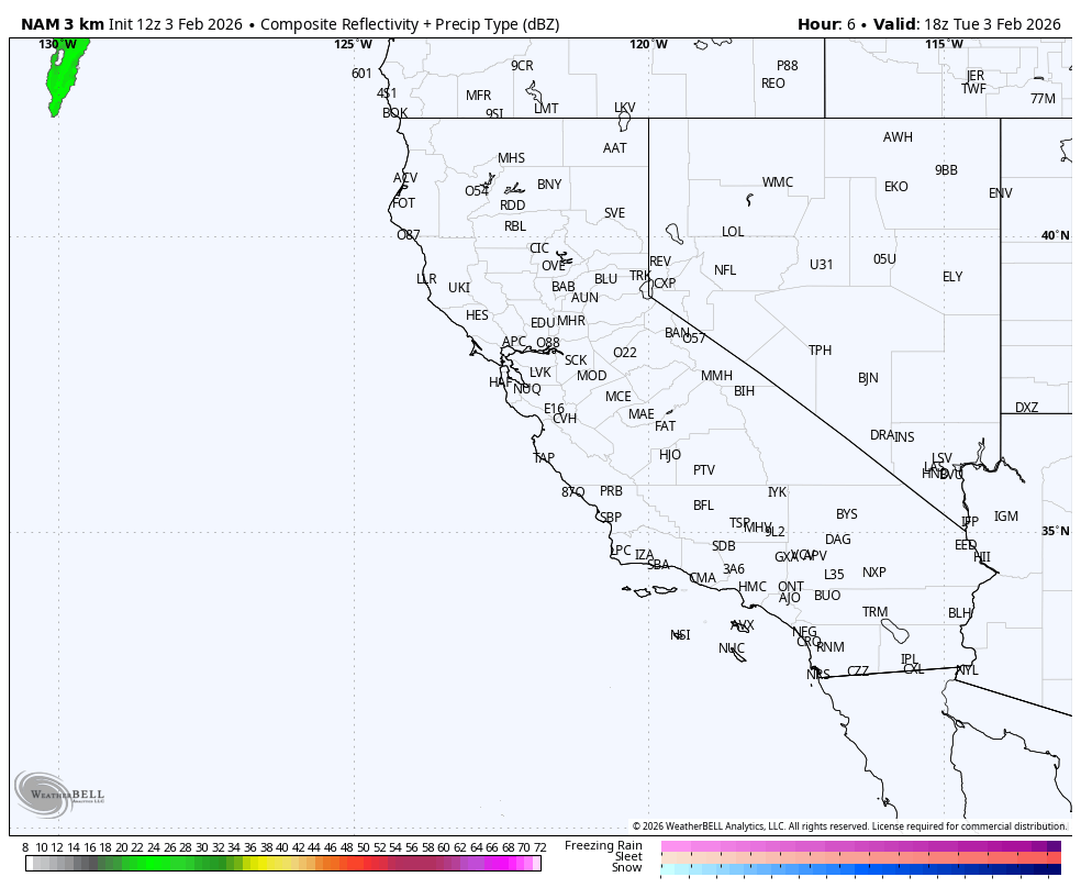 Map showing weather data for California with color-coded reflectivity and precipitation types, no significant weather activity indicated.