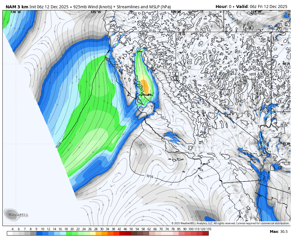 Weather map showing wind speed, streamlines, and mean sea level pressure over the western United States, with a focus on California. Color indicating wind speed in knots, with a low-pressure area near California and a storm system evident.