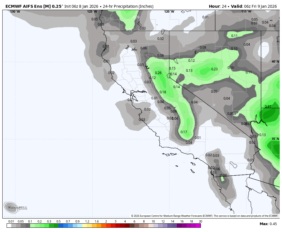 National weather map showing 24-hour precipitation forecast in inches across California and surrounding areas, with varying shades of gray and green indicating different levels of expected rainfall, valid at 6 a.m. on January 9, 2026.