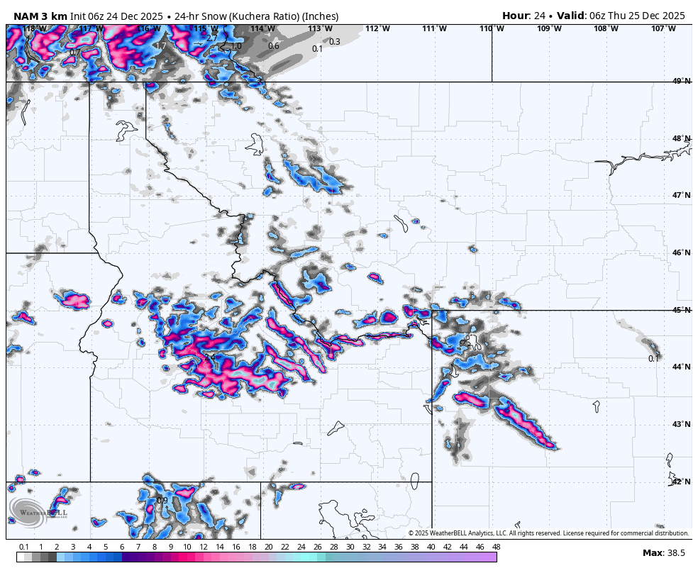 Weather map showing 24-hour snowfall in inches across the northwestern United States, with the heaviest snow in the mountains, indicated by pink and purple shades, and lighter snowfall in surrounding areas.