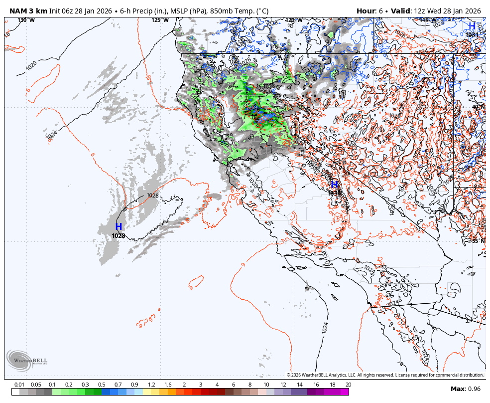 Weather map showing 6-hour precipitation, mean sea level pressure, and temperature forecast in California and surrounding areas at 12Z on January 28, 2026. Green indicates rain in central California, with red contours showing pressure lines, and blue H indicating high pressure over the Pacific Ocean.