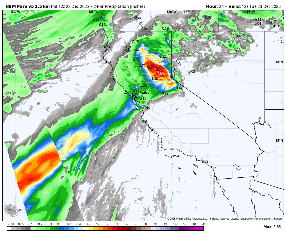 Weather map showing a severe storm system with heavy precipitation, including thunderstorms, affecting parts of California, Nevada, and surrounding areas on December 22-23, 2025.