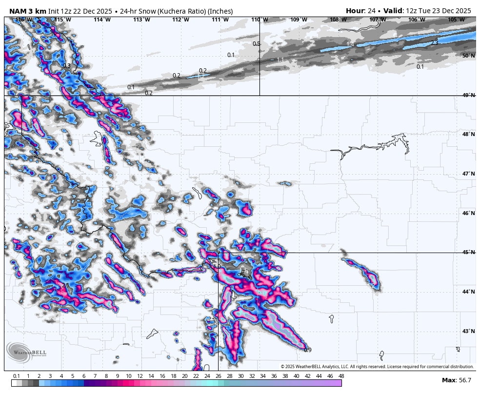 Weather map showing 24-hour snow accumulation in inches across the northwestern United States and parts of Canada, with color-coded snow levels, relevant labels, and a legend indicating accumulation amounts.