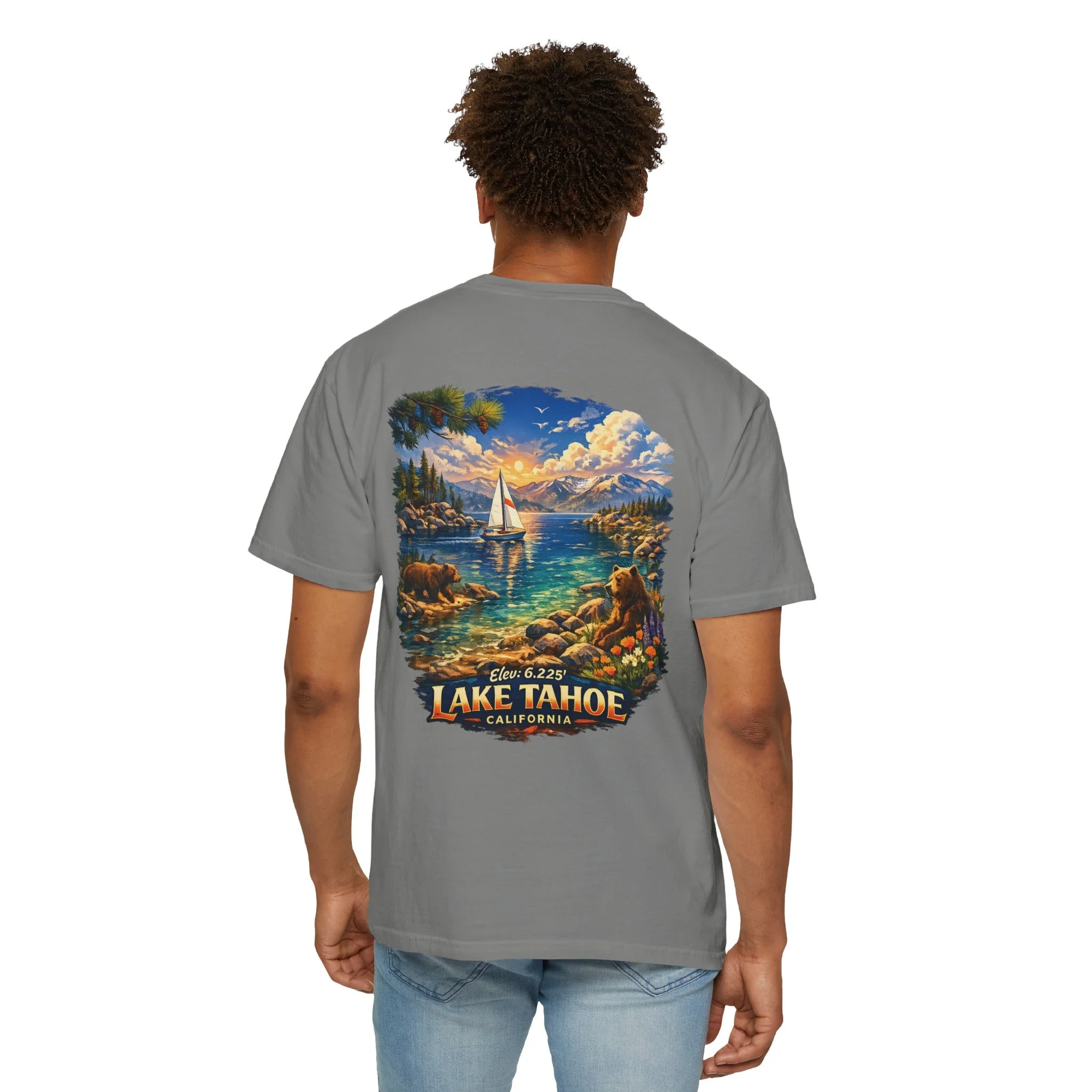 Lake Tahoe Scenic T-Shirt — Vintage Sailboat Sunset Pocket & Back Print