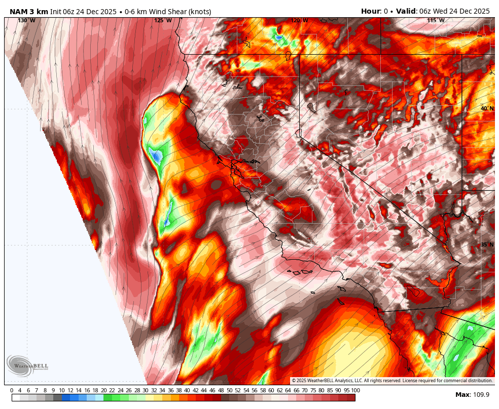 A weather map showing 3 km wind shear (knots) forecast for the southwestern United States and northern Mexico on December 24, 2025, indicating intense storm activity with areas of high wind shear.
