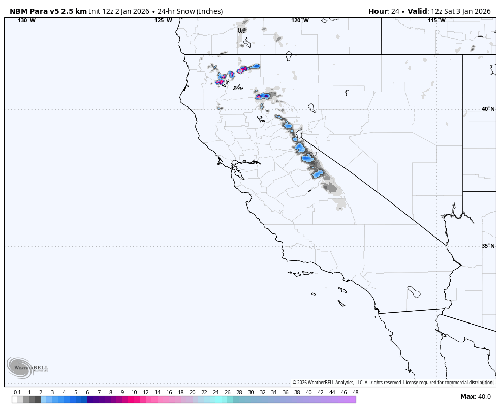 Map showing snow levels in California and surrounding areas at 24 hours on January 3, 2026, with snow accumulations in inches indicated by color.