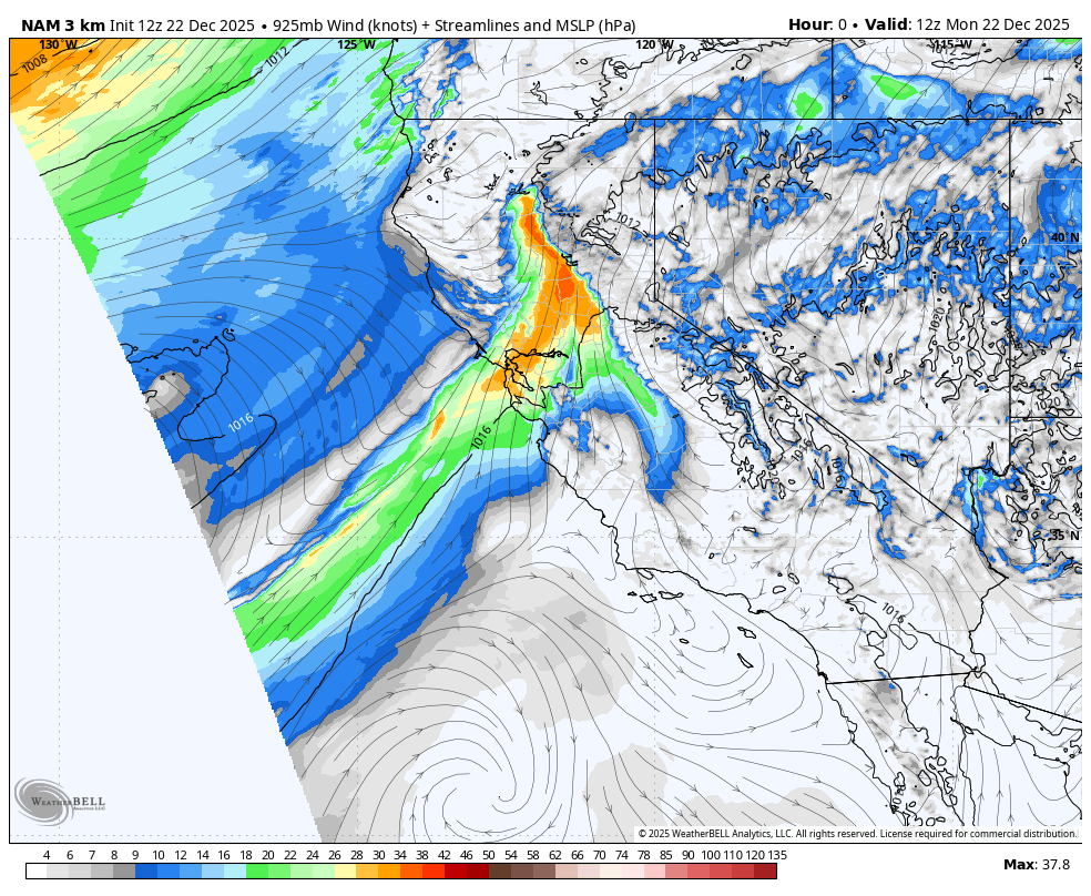 Weather map showing wind speeds and streamlines over the Pacific Northwest and parts of California and Nevada, with a low-pressure system near California bringing strong winds indicated by red and orange colors, and cloud cover and precipitation areas.