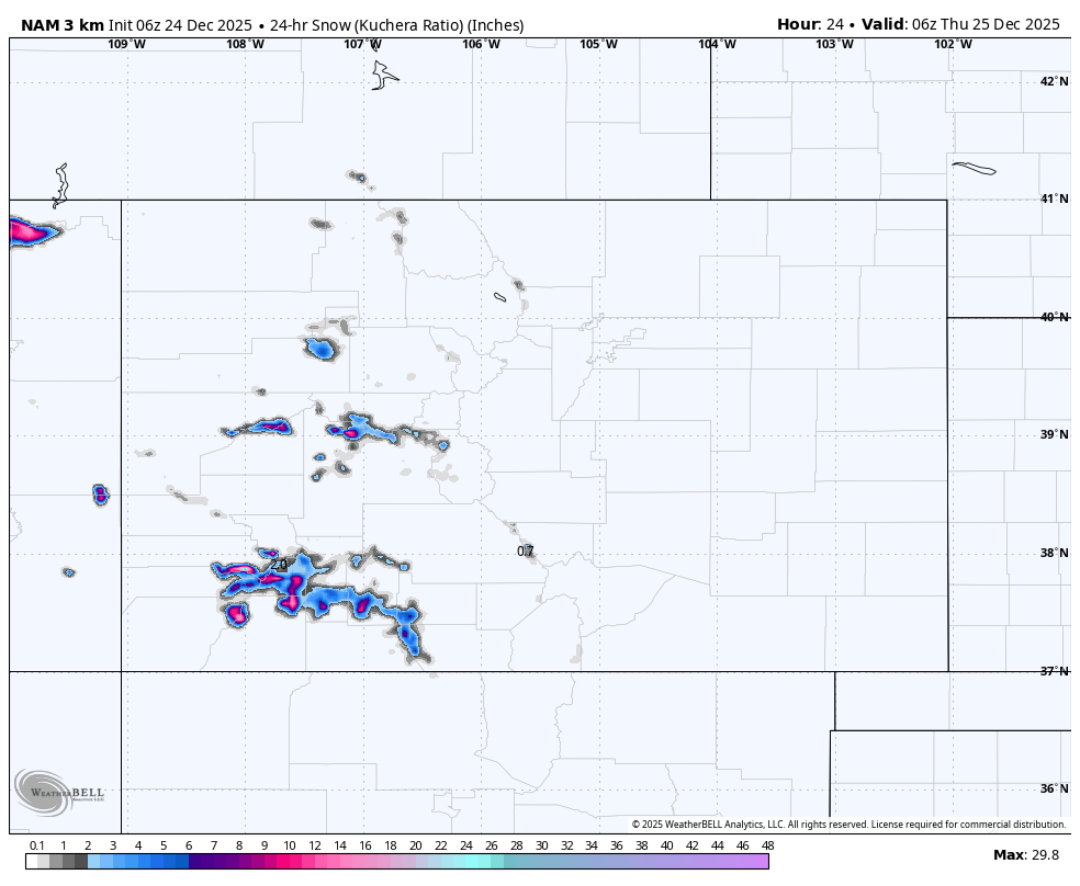 Map showing 24-hour snowfall in inches across parts of the western United States, with areas of higher snowfall in blue and purple, indicating snow accumulations of 8 to 29.8 inches, valid at 6:00 AM on December 25, 2025.