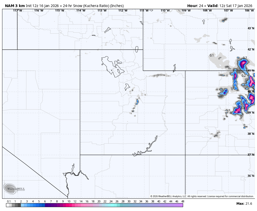 Weather map of Arizona showing snow accumulation, with fast-moving storm system producing notable snowfall in eastern parts of the state, as indicated by colored areas.