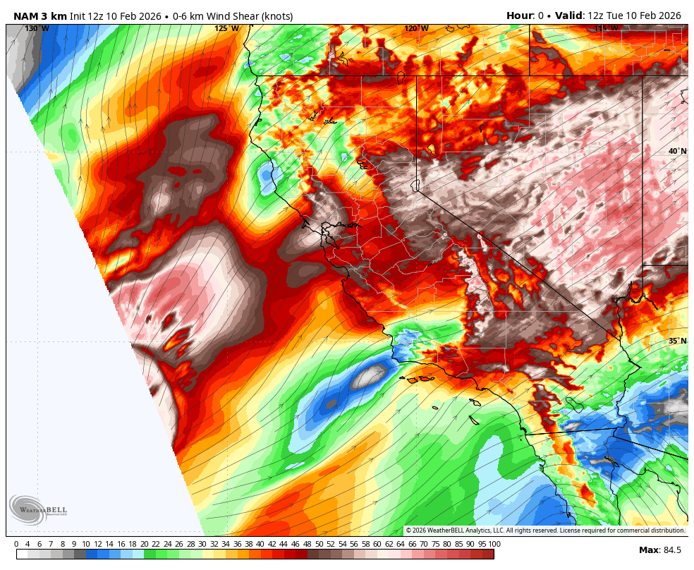 NAM 3km - 0 - 6km Wind Shear (Knots)