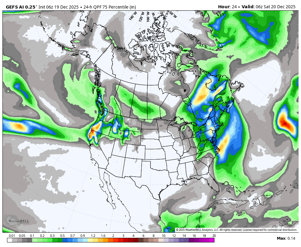Weather forecast map of the United States showing expected precipitation levels in inches for December 20, 2025, with areas of rain and snow depicted in various colors, indicating different intensities.