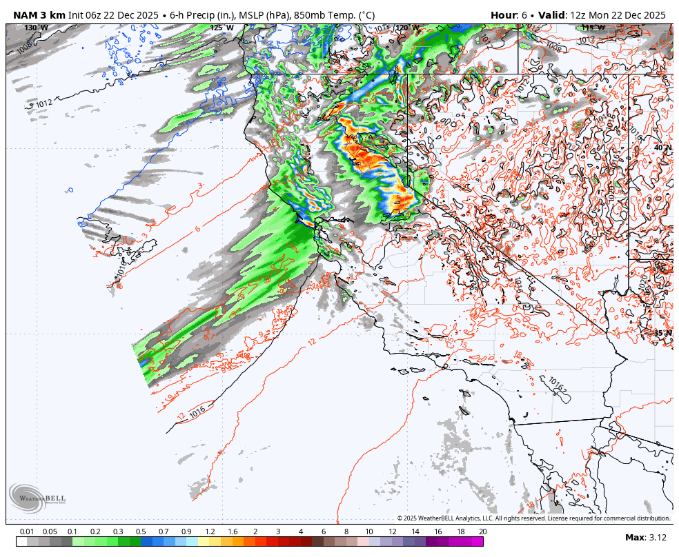 Weather map showing a 6-hour forecast for December 22, 2025, at 12:00 PM, depicting precipitation levels in inches and atmospheric pressure in hectopascals. The map covers the western United States, including California, Nevada, Oregon, and surrounding areas. Regions with heavy rain and thunderstorms are highlighted in orange and red, with green and blue indicating lighter precipitation. Contour lines depict temperature at 850 millibars and surface pressure patterns, with notable weather activity along the West Coast and parts of the southwestern U.S.