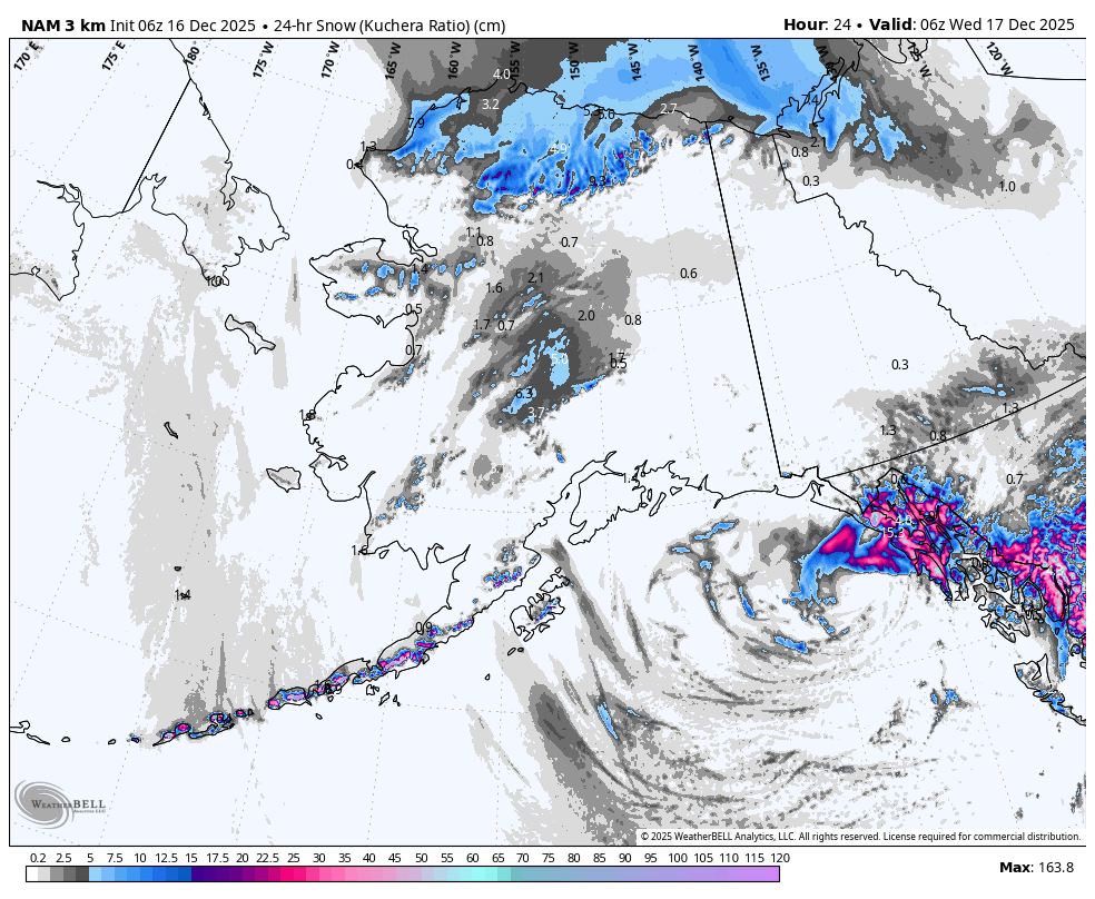 Satellite weather map showing snow accumulation and cloud cover over parts of Alaska and the Arctic, with a large storm system south of Alaska. The map includes a color scale indicating 24-hour snow ratios ranging from 0.2 to 163.8 centimeters.
