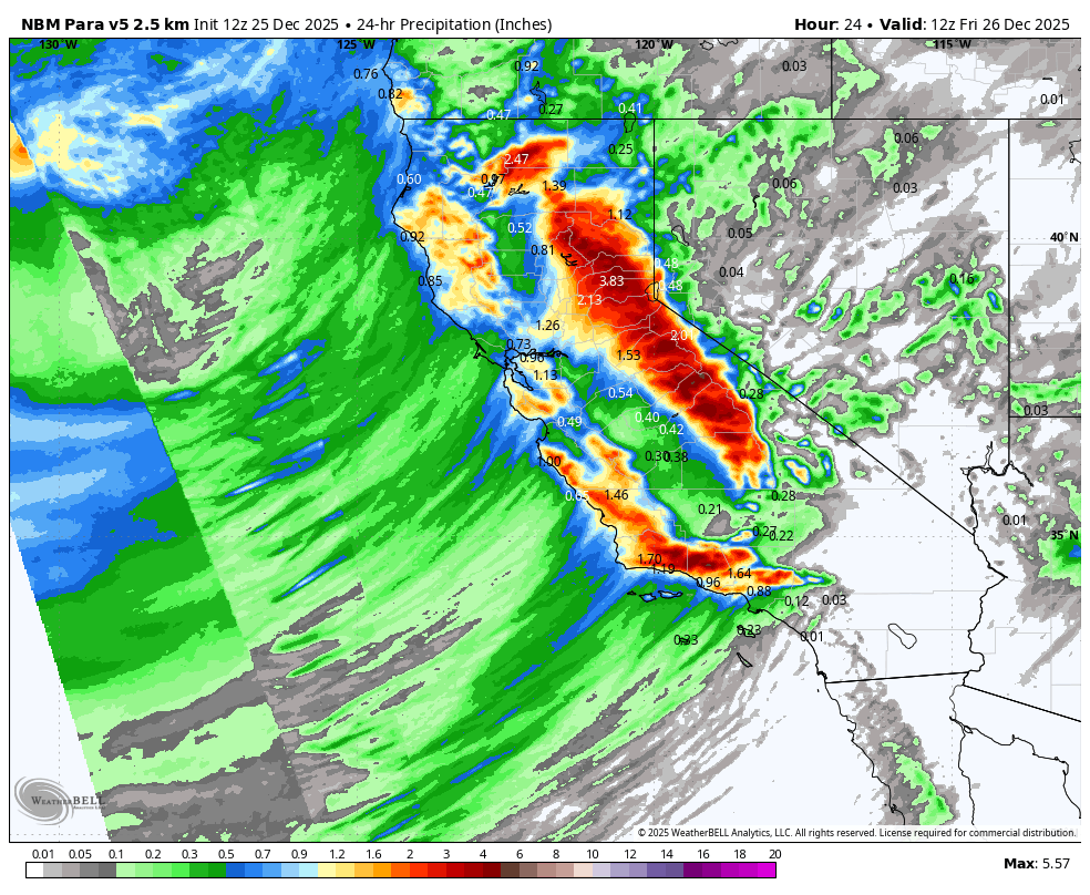 Weather map showing a storm system along the California coast and over Nevada, with heavy precipitation indicated by red and orange colors, and lighter precipitation in green and blue.