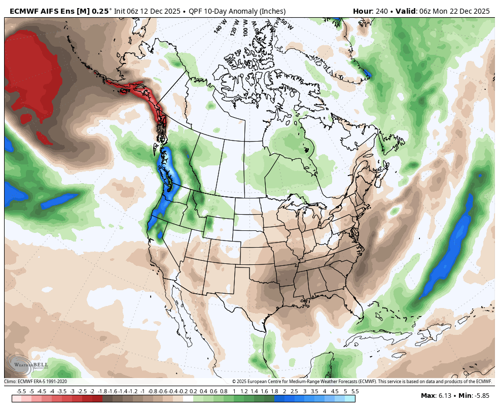 A weather map of North America showing 10-day rainfall anomalies, with areas of above-average rainfall shaded in green and below-average rainfall in brown, and notable dry and wet regions across the United States, Canada, and surrounding areas.