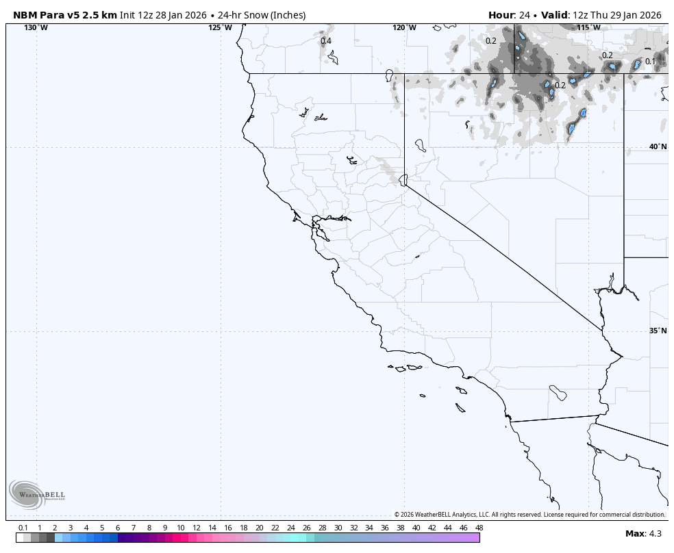 Map showing 24-hour snowfall in inches across parts of the western United States on January 29, 2026, with areas of light snow in northern Minnesota and the Dakotas.