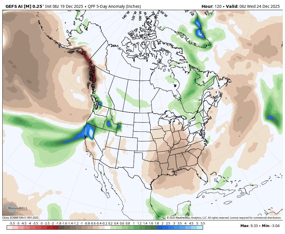 A map of the United States showing 5-day precipitation anomalies in inches. Areas are color-coded: brown for below-average rainfall, green for above-average rainfall, and blue for significant rainfall. The west coast, including California, shows significant blue indicating above-average rainfall, while the western interior shows brown indicating below-average. The northeast and parts of the south show moderate green, indicating above-average rainfall. The map includes latitude and longitude lines and a color scale at the bottom.