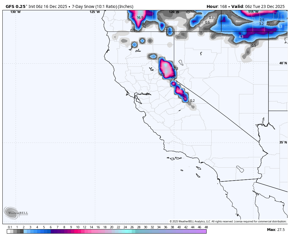 Weather map showing 7-day snowfall forecast for parts of the western United States, with areas of higher snow accumulation in pink and purple, and lighter snowfall in light blue and gray.