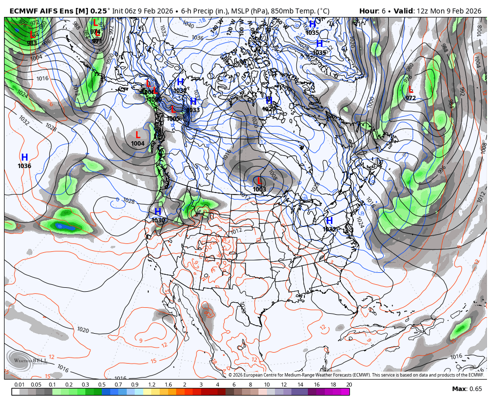 Weather map showing isobars, precipitation, and temperature across North America, with low and high-pressure systems marked, indicating weather conditions at 12z on February 9, 2026.