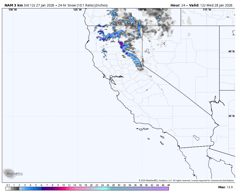 Map showing 24-hour snowfall forecast over Washington and Oregon on January 28, 2026, with some areas expecting up to 13.9 inches of snow.