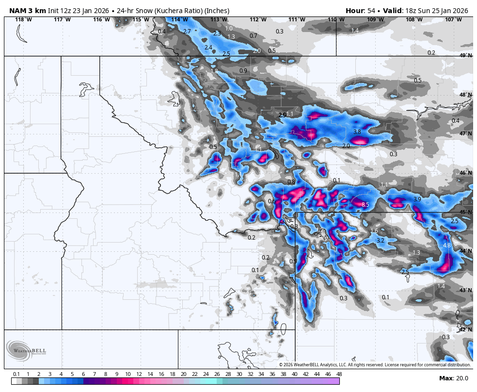 Weather radar map showing snow accumulation in inches across parts of the Pacific Northwest and northern Rockies. Areas of heavier snow are marked in pink and purple, with lighter snow in shades of blue and grey. The map includes latitude and longitude lines, with labels for geography, and specifies a 24-hour snowfall forecast valid at 6 pm on January 25, 2026.