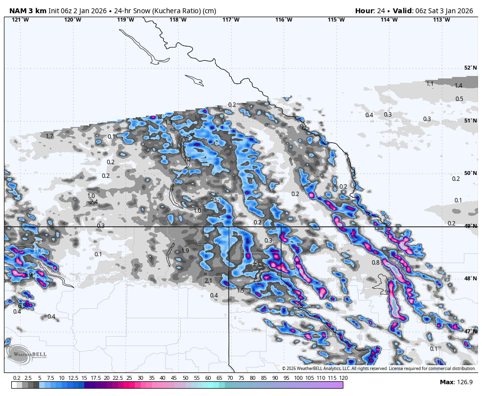 Map showing 24-hour snow accumulation in centimeters across parts of Canada, with areas marked in various shades of gray, blue, pink, and purple indicating different snow depths. The map covers regions of western Canada, including parts of British Columbia and Alberta, with latitude and longitude lines.