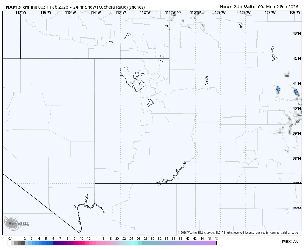 Weather map showing snow coverage in the northwestern United States, including parts of Washington, Oregon, Idaho, and Nevada, on February 1st and 2nd, 2026. The map indicates areas with snow in shades of gray and blue.