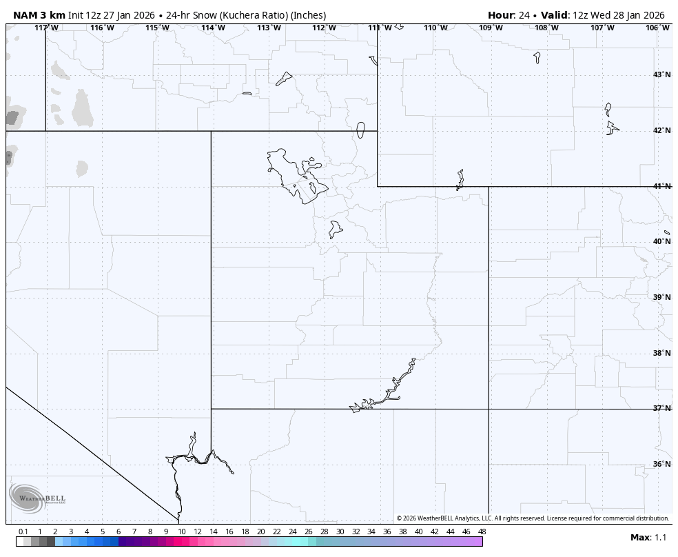 Map showing 24-hour snowfall in inches across parts of Utah, Nevada, and surrounding states on January 27, 2026, with some areas experiencing small amounts of snow and others showing no snow accumulation.