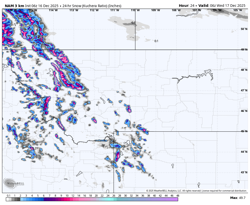 Weather map showing areas of snow in the northwestern United States, including parts of Washington, Oregon, Idaho, and Montana, with snow levels indicated by various colors.