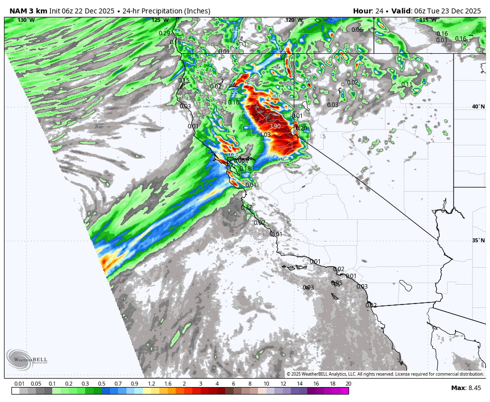Weather map showing 24-hour precipitation levels across the Pacific Northwest, California, Nevada, and parts of Idaho, with areas of heavy rain and thunderstorms indicated in red and orange, lighter rain in yellow and green, and dry regions in gray.