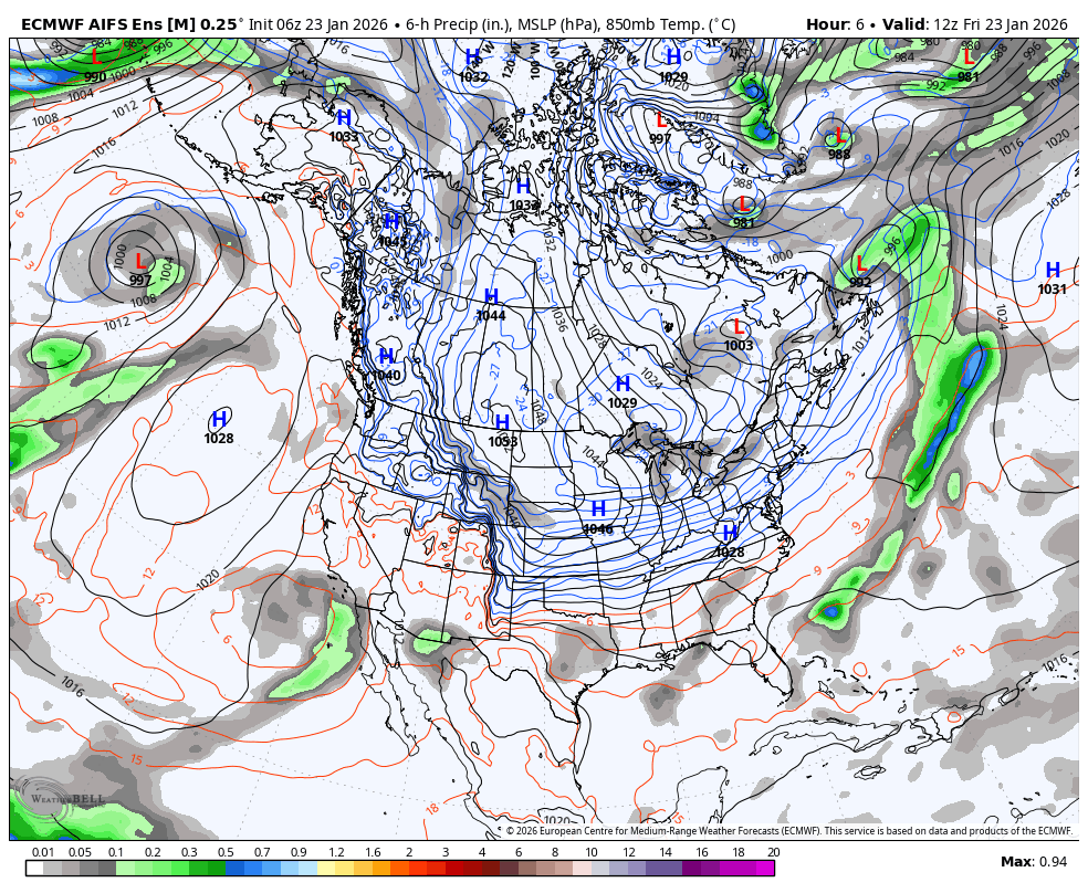A weather map of North America showing isobars, high and low-pressure systems, and precipitation patterns with various weather fronts. It includes color-coded precipitation intensity and temperature contours.