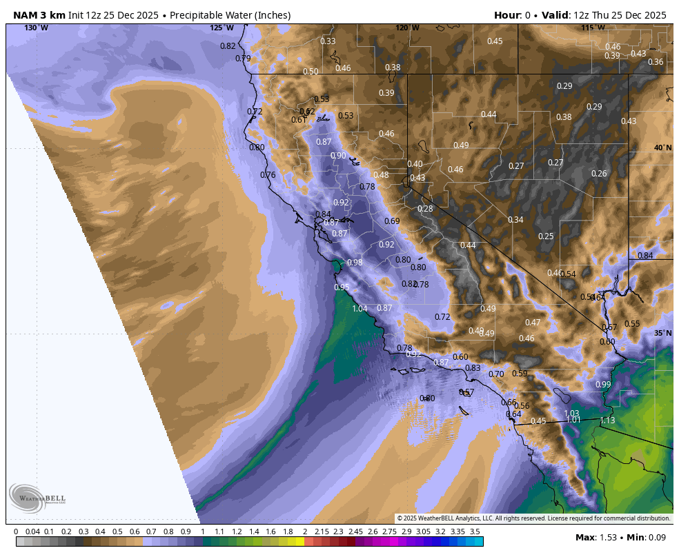 Map showing forecasted 3 km NAM model data of precipitation water in inches over California and surrounding states for December 25, 2025, indicating varying levels of moisture, with California having areas ranging from 0.28 to 0.98 inches, and the southwestern United States showing higher readings up to 1.13 inches.