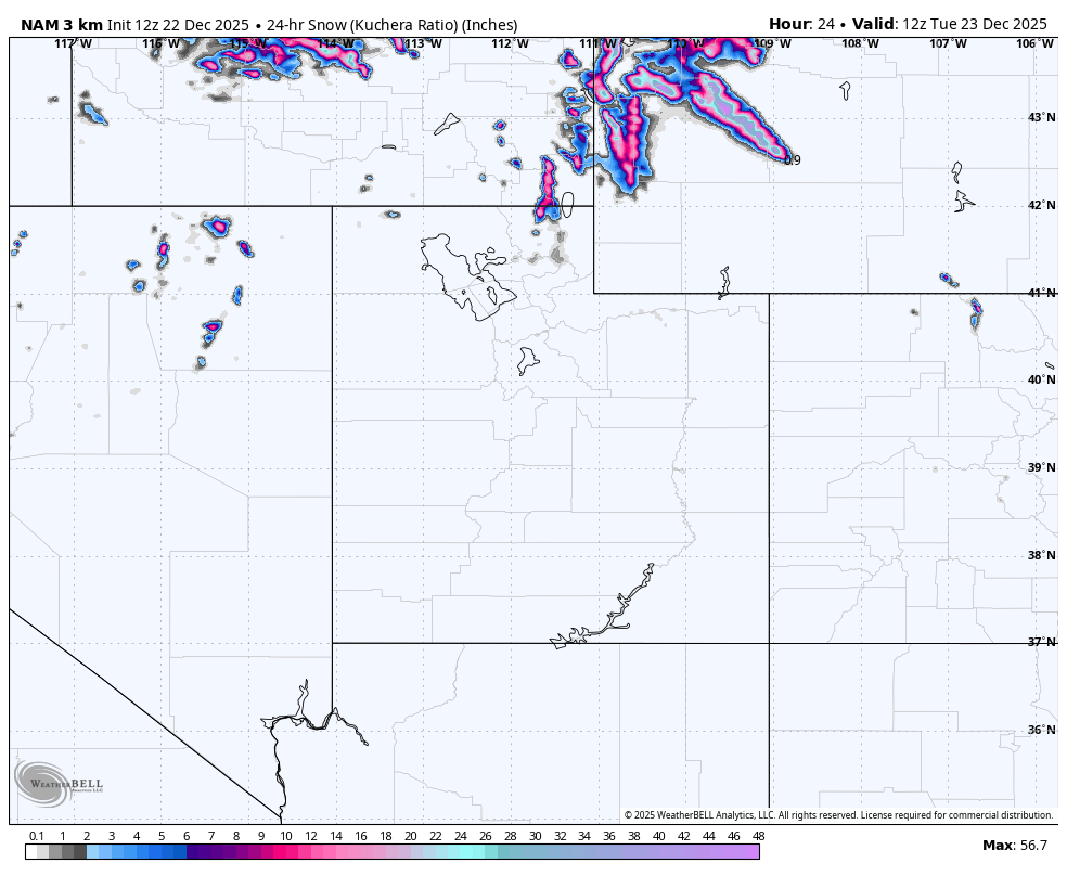 Weather map showing snow accumulation forecast over the northern United States, including parts of Idaho, Montana, North Dakota, and Minnesota, with varying intensity indicated by color.