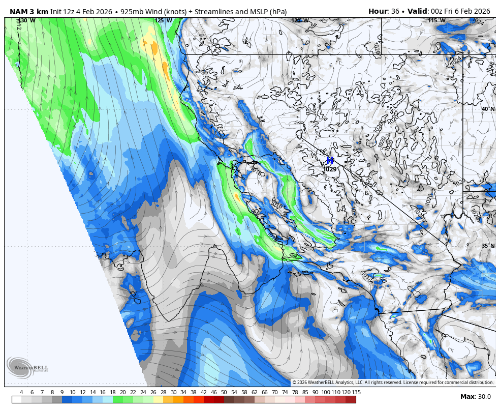 Weather map of the western United States showing wind speeds, streamlines, and atmospheric pressure at 925mb, valid for February 6, 2026, at 00 UTC. The map indicates strong winds along the coast and variations in pressure across the region.