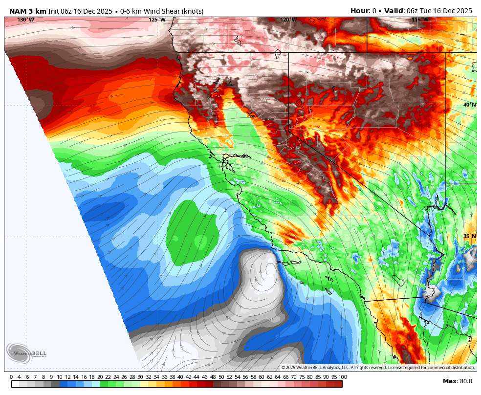 Weather map showing wind shear in knots across California, Nevada, and surrounding states with color-coded wind speed patterns, and isobars depicting wind flow.