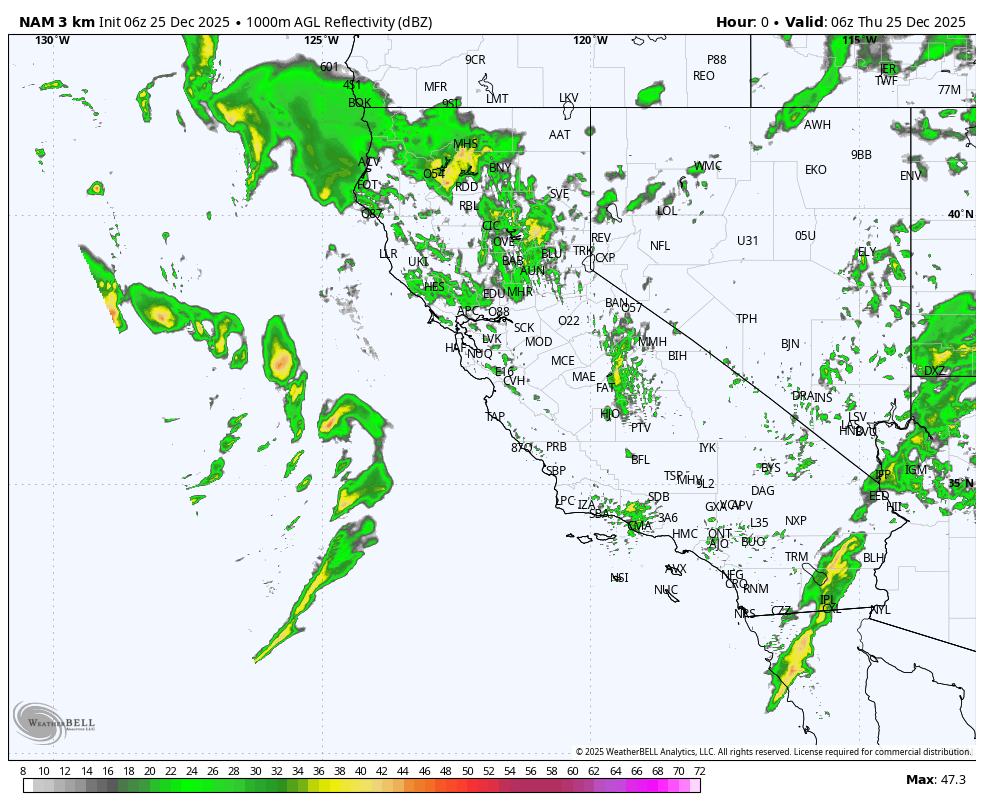 A weather radar map of California and surrounding areas showing scattered thunderstorms and rain. The heaviest precipitation, indicated by yellow and orange, is concentrated in northern California, off the coast, and in southern California near the border, with lighter rain scattered throughout the region.