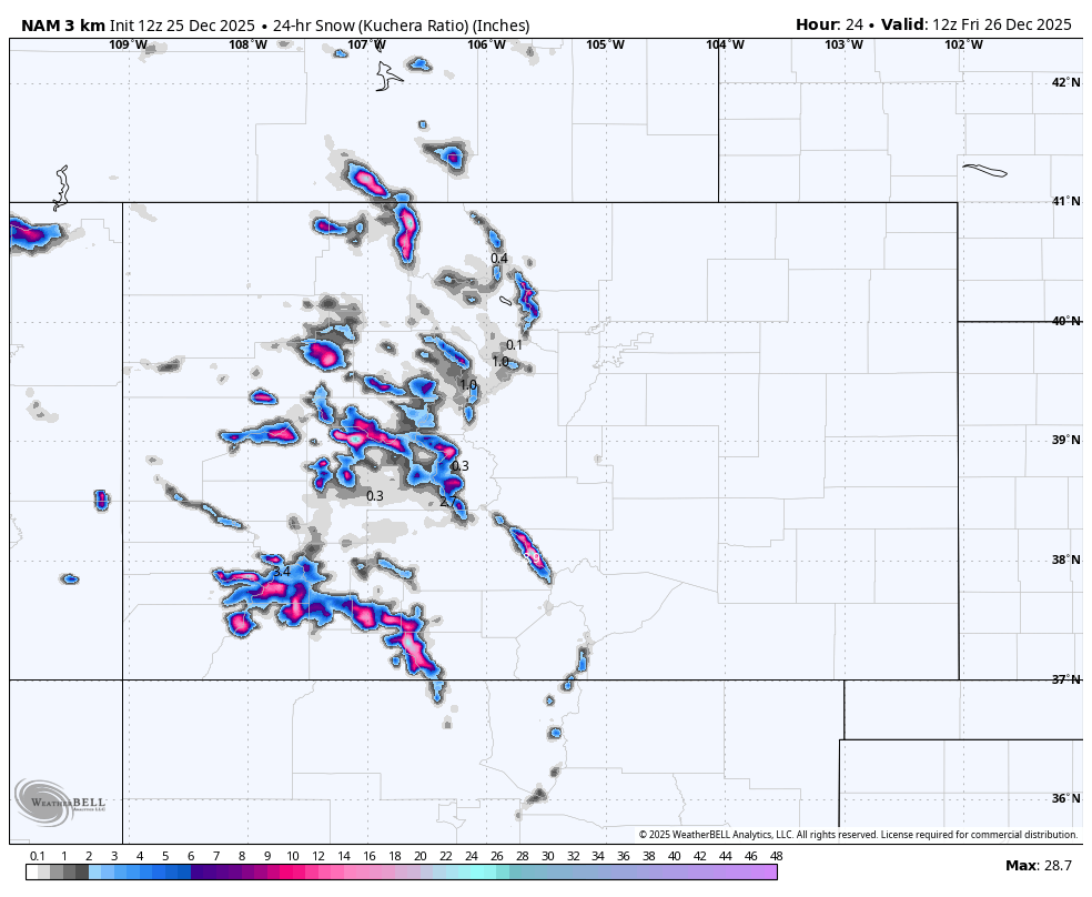 Weather radar map showing areas of snow across parts of the Western United States, including California, Nevada, and surrounding states, with precipitation intensity indicated by color from blue to pink.