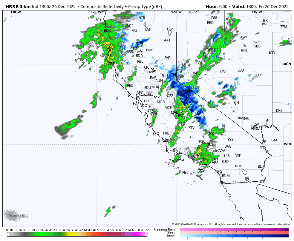 Weather radar map showing a line of thunderstorms and heavy rain moving across the central United States, with some areas indicating freezing rain and snow. The map includes color-coded reflectivity indicating different precipitation intensities.