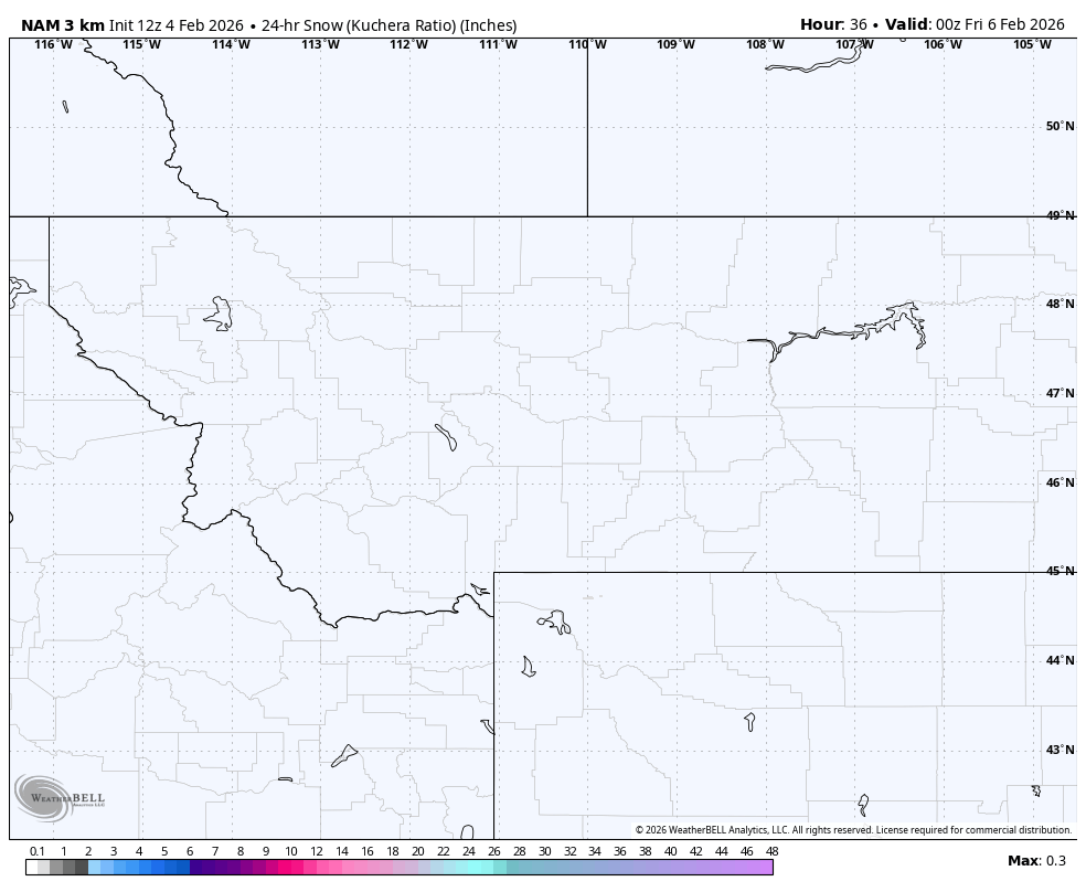 Map showing snow accumulation in inches over a region near the Canada-U.S. border, with indications of geographic borders and a timeline from February 4, 2026, to February 6, 2026.