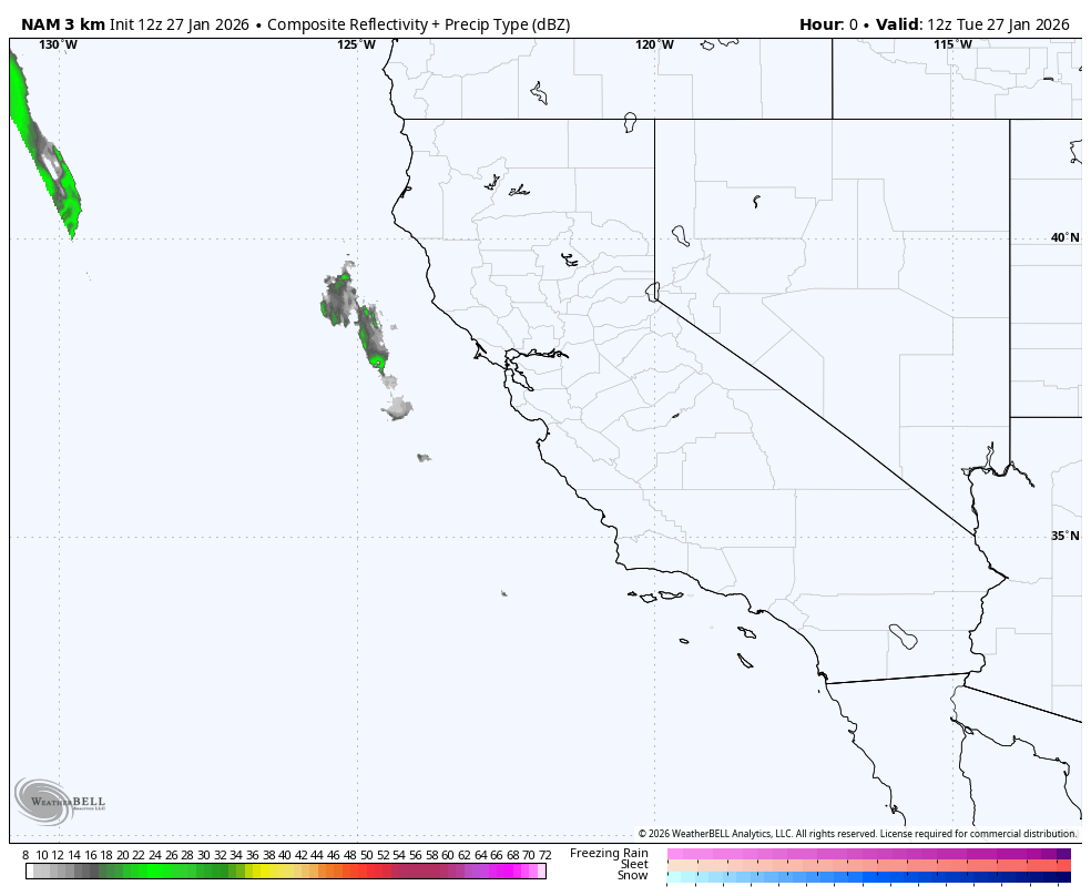 Weather map showing composite reflectivity and precipitation type for California and surrounding areas, with some scattered clouds and light rain over the coast. The map includes a legend indicating precipitation intensity and types, such as freezing rain, sleet, snow, and rain.