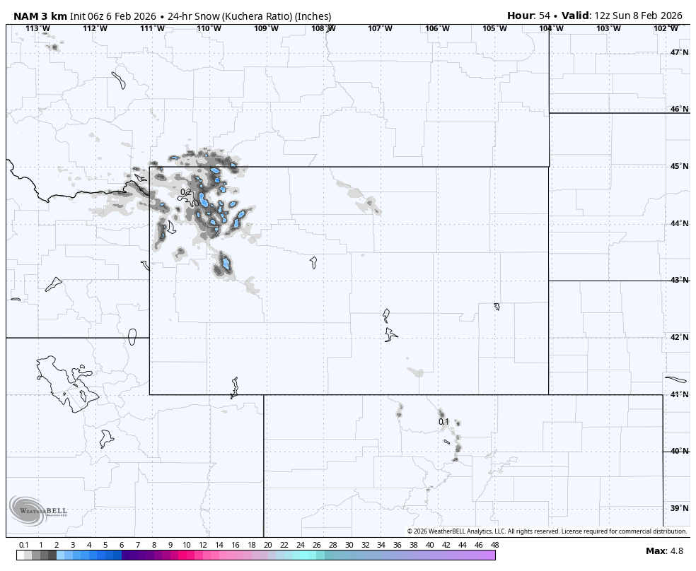 Map showing snow accumulation in inches over a region in the western United States, including parts of Utah, Nevada, and California, valid at noon on February 8, 2026, with some areas experiencing up to approximately 4.8 inches of snow.