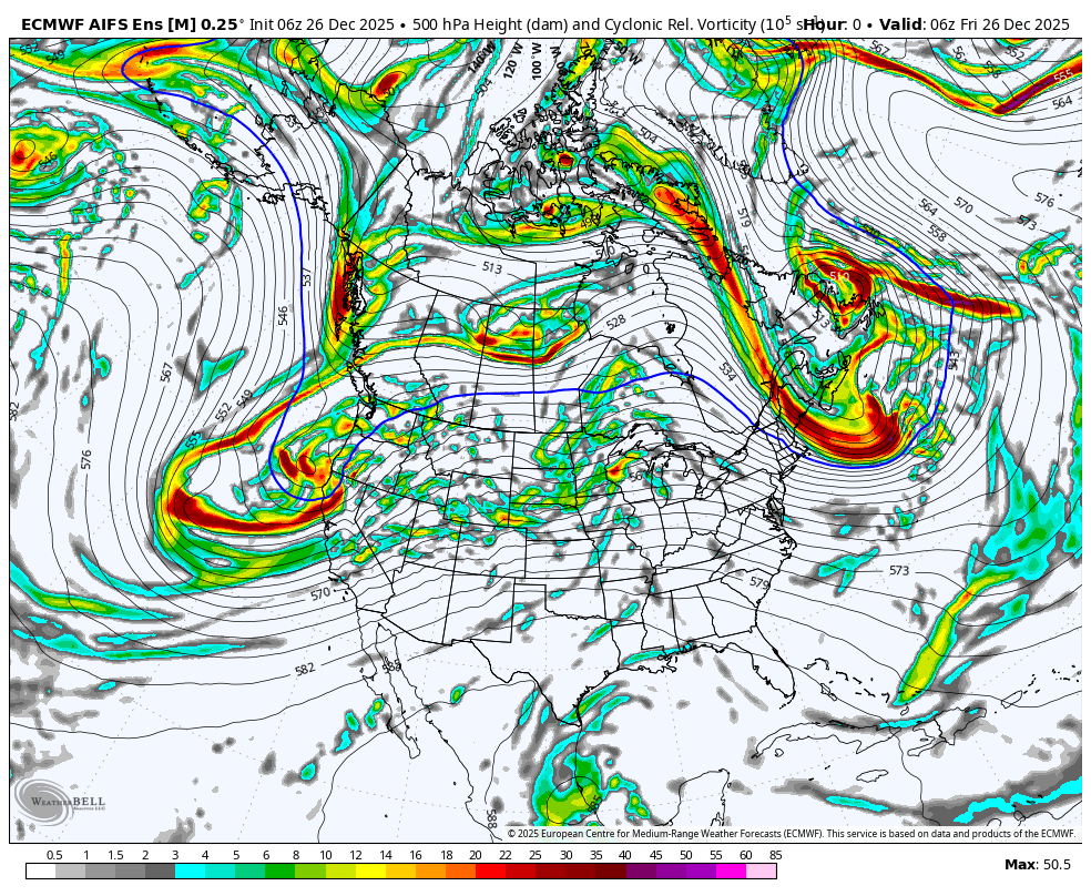 Weather map showing high-altitude atmospheric conditions across North America, with prominent cyclone systems over the Gulf of Mexico and near the west coast. The map displays isobars, cloud formations, and areas of intense weather activity, indicating storm systems.