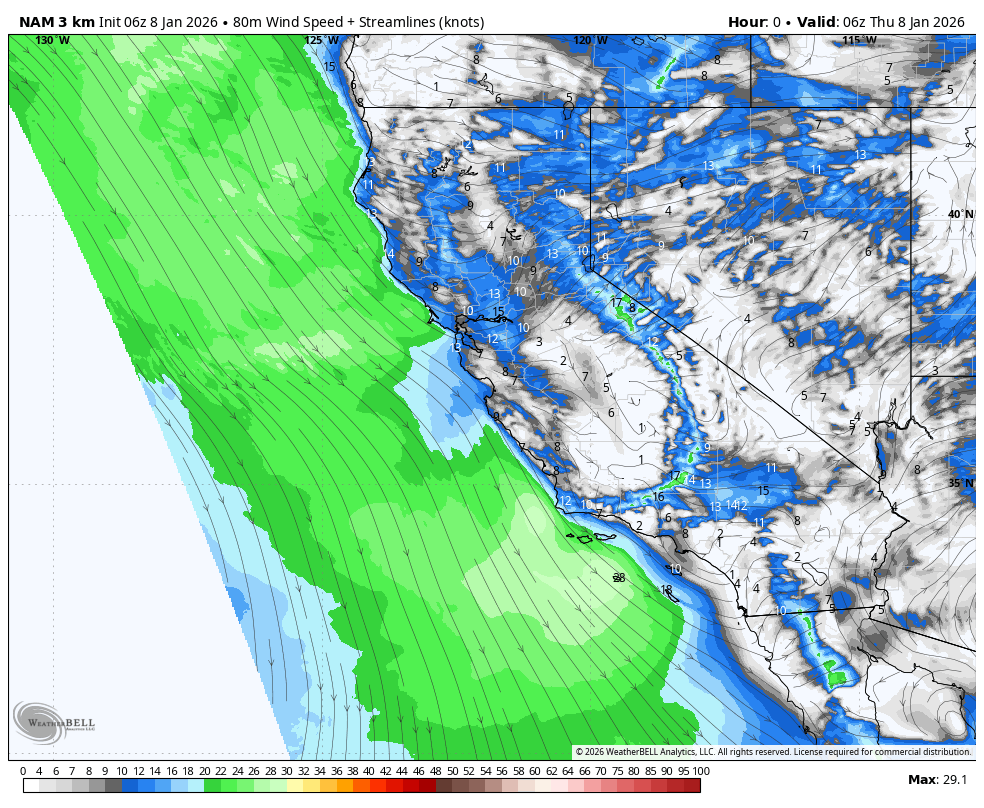 Weather map showing wind streamlines and speeds in knots along the California coast, and parts of Nevada and Arizona, with colors indicating wind speed, from 4 to 29 knots, valid at 06Z on January 8, 2026.